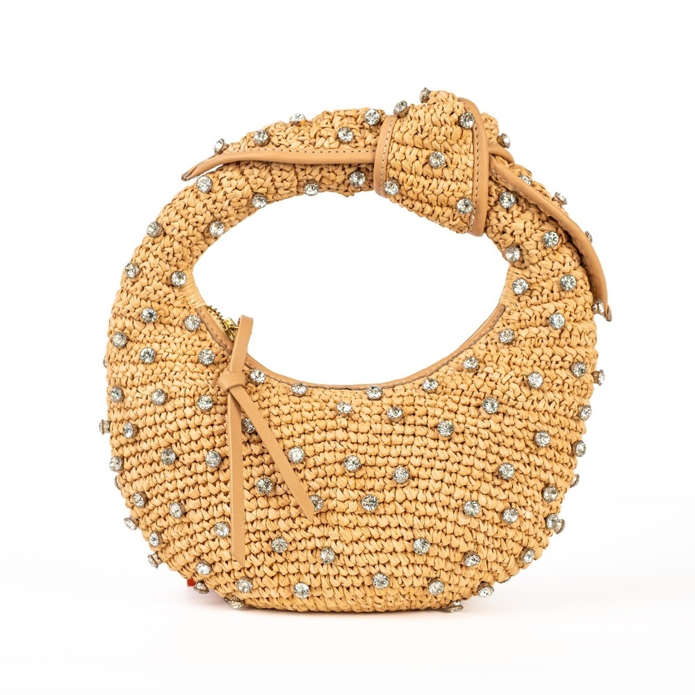 NWT Poolside Josie Bling Raffia Top-Handle Knotted Bag Crystals Natural - Picture 4 of 8